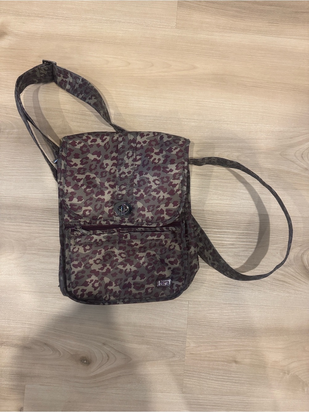 LUG Moped Crossbody Bag in purple green brown leopard print